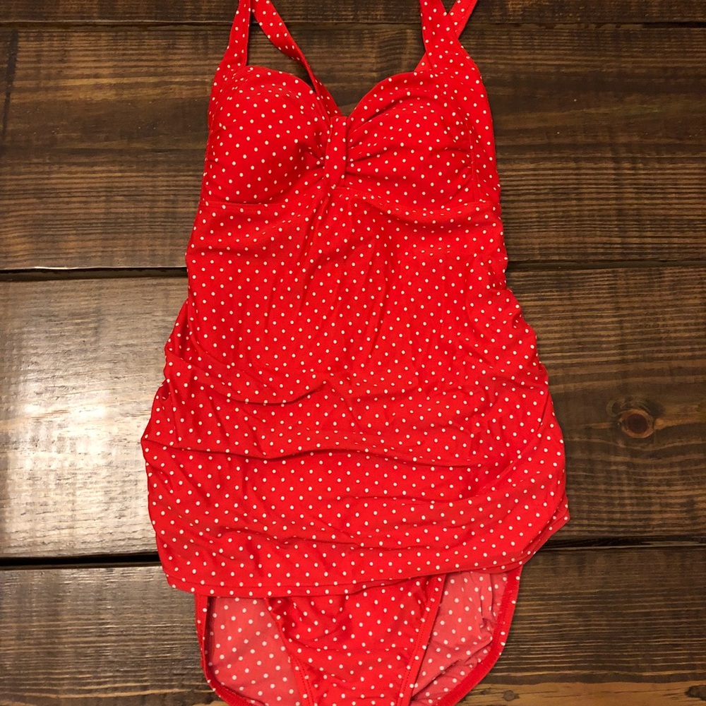 Red & white polka dot maternity bathing suit